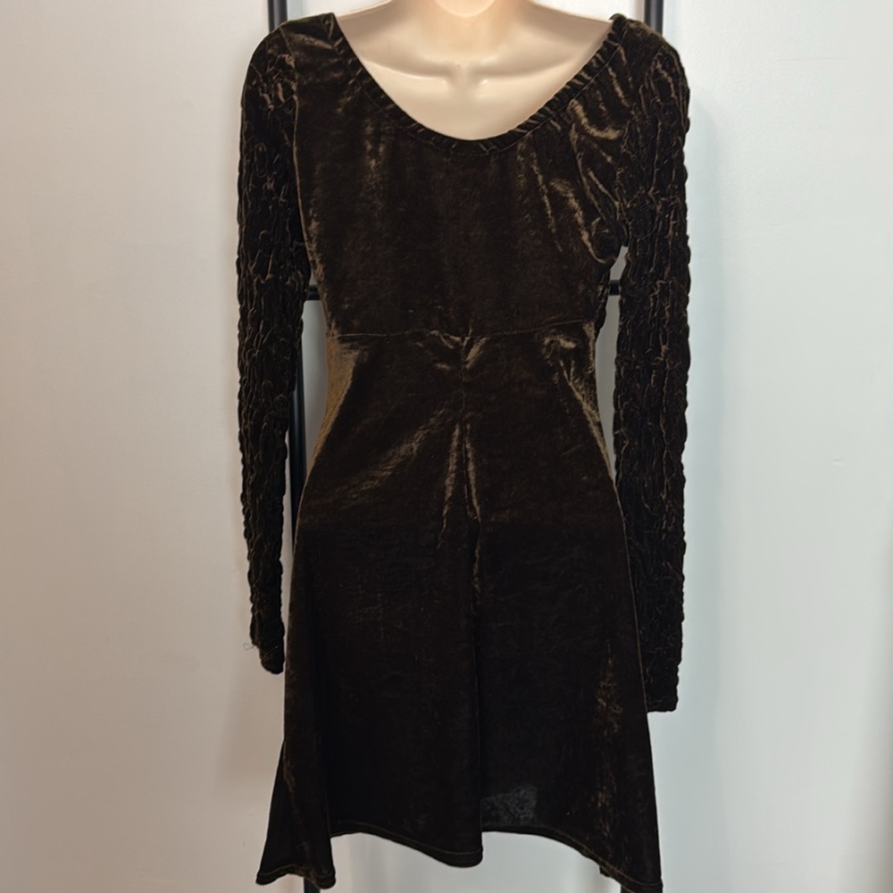 Vintage 90s MGR Velvet Empire Smocked Brown Mini Dress Women Size M - Picture 4 of 11